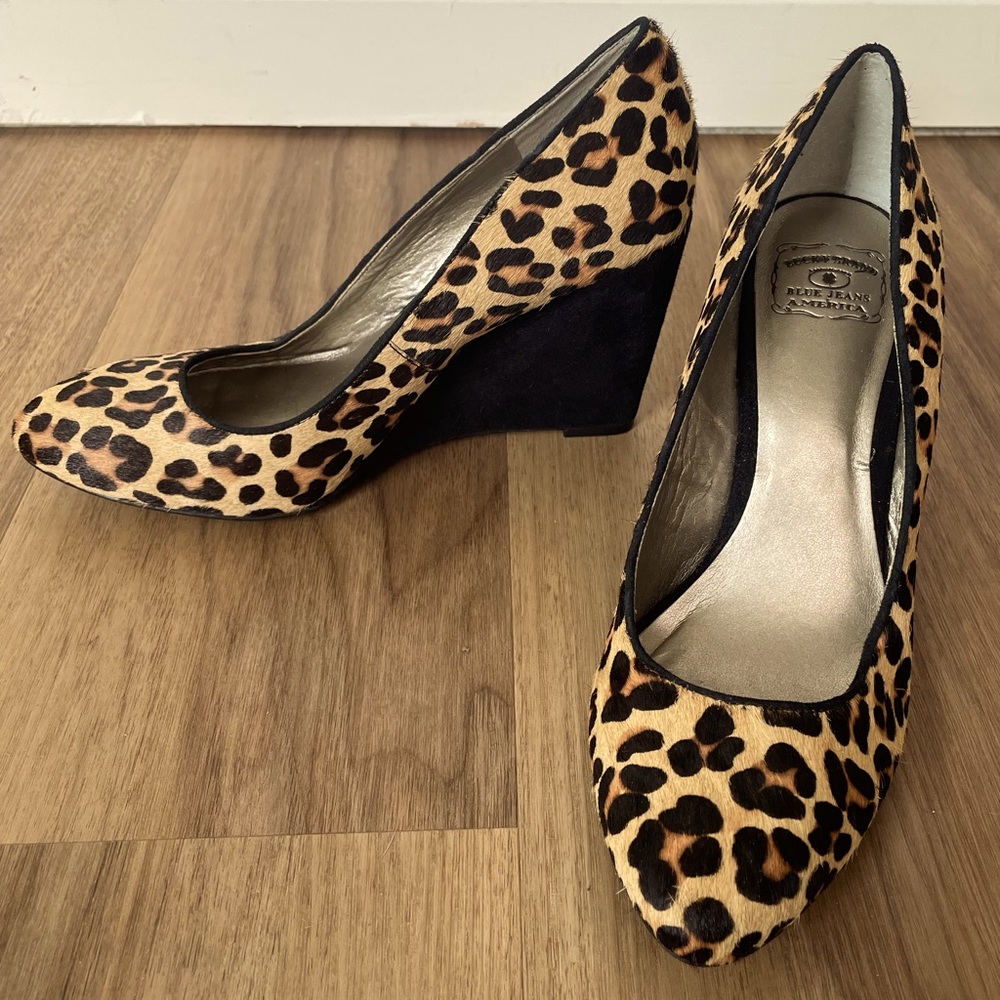 Lucky Brand Leopard Horsehair Heels with Suede-wrapped Wedge Size 7.5